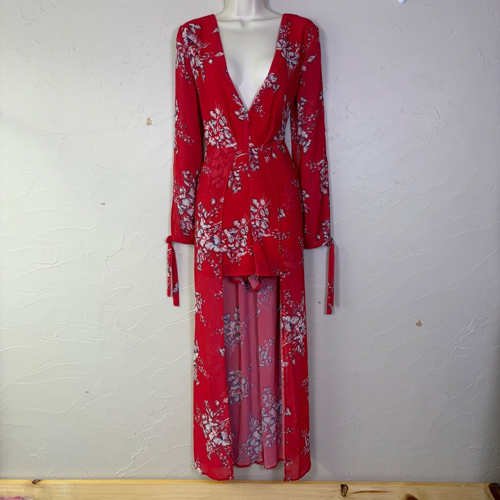 NEW The Room Floral Maxi Romper Dress Womens Large Red Long Sleeve V Neck Boho